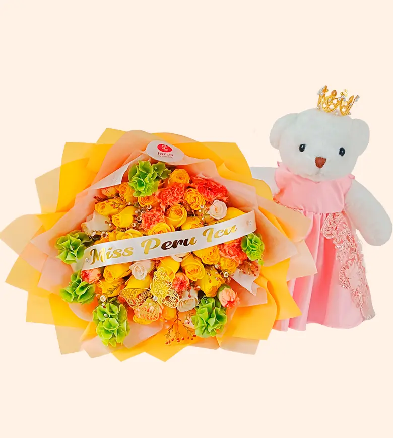 Ramo de rosas+Osita coquette LAZOS FLORERIA