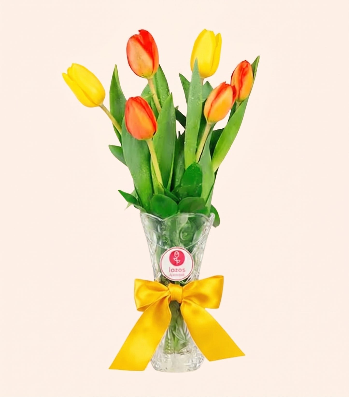 Florero de Cristal con Tulipanes Amarillos & Naranjas
