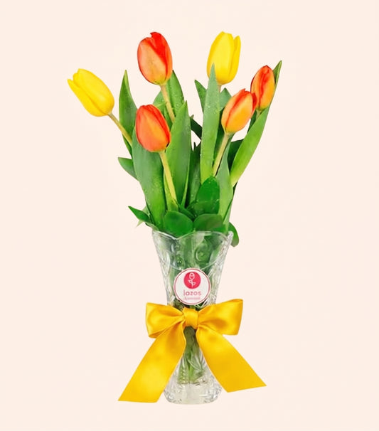 Florero de Cristal con Tulipanes Amarillos & Naranjas